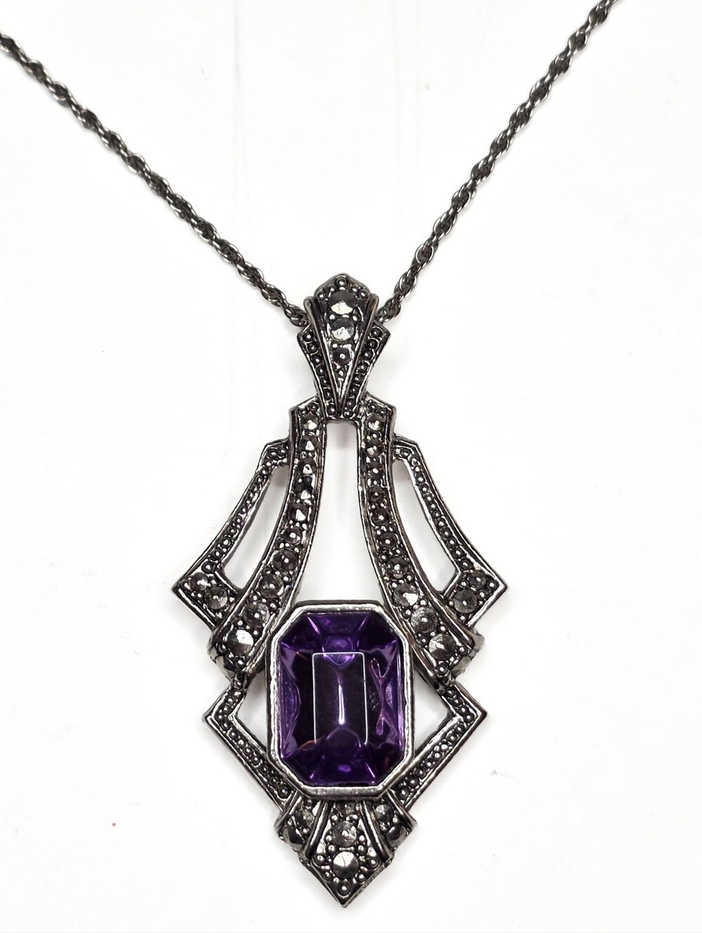 Vintage Avon Elegant Faux Marcasite Pendant Necklace Art Deco Amethyst Crystal